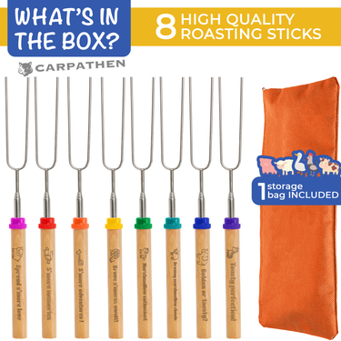 The box includes 8 high quality roasting sticks and 1 storage bag